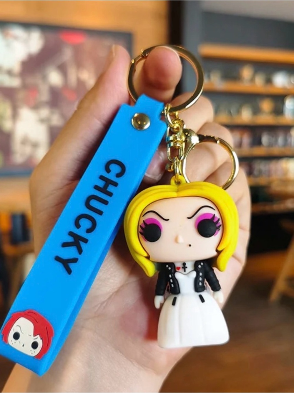CHUCKY Yellow-Haired Doll Keychain with Blue Strap